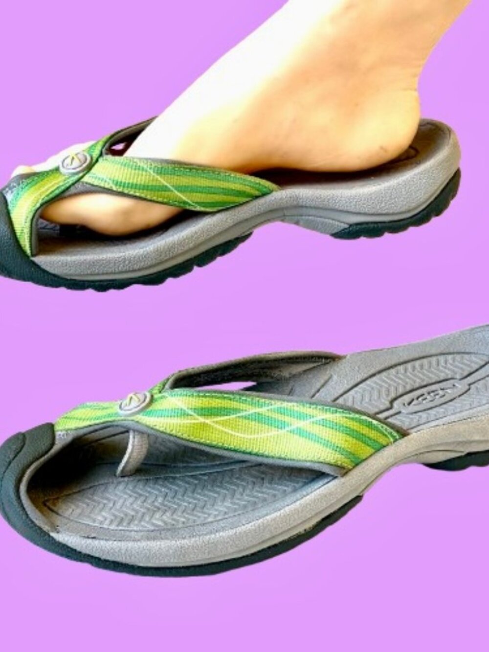 KEEN Waimea H2 Womens Size 9 Green Yellow Striped Toe Bumper Flip Flops Sandals